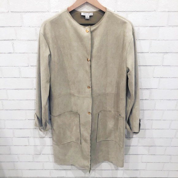 FAUX Suede Collarless Trench Coat - Picture 2 of 6